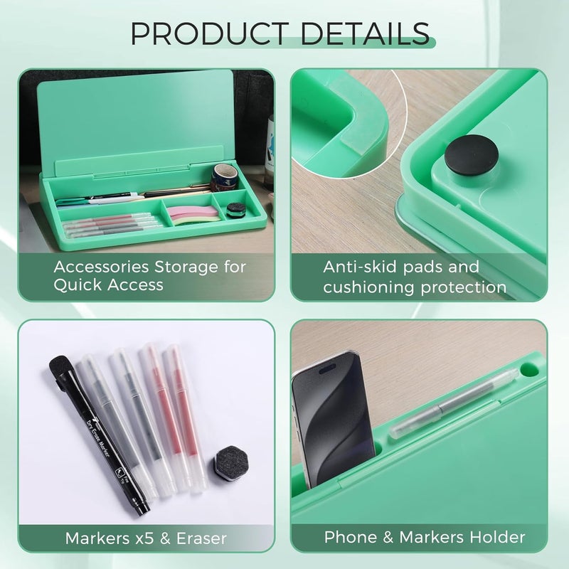 TOWON Small Compact Glass Desktop Whiteboard with Storage – 12 x 7 in Dry Erase Board for Desk, Home Office, School | Includes 5 Markers, Eraser & Holder | Space-Saving Organizer, Aesthetic Mint Green - Image 3